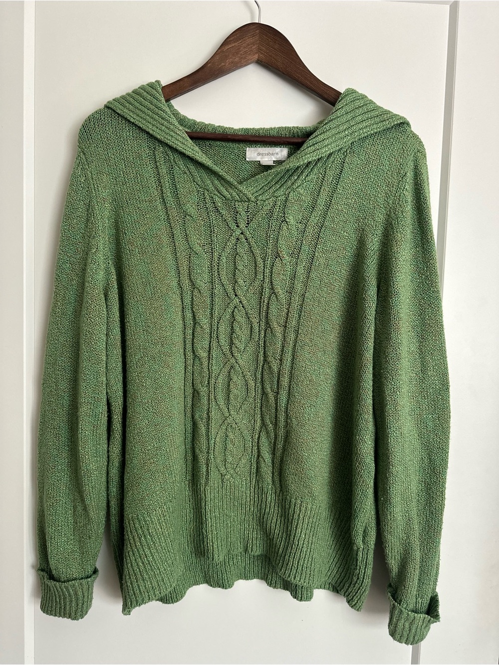 Dressbarn Green Cable Knit Hooded Sweater V-Neck Long Sleeve Cozy Casual